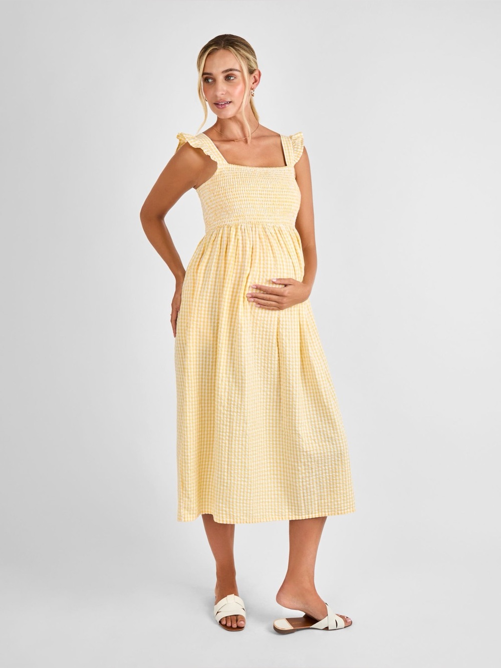 Jojo Maman Bebe Maternity Yellow Sleeveless Shirred Midi Dress L NWT Current $98
